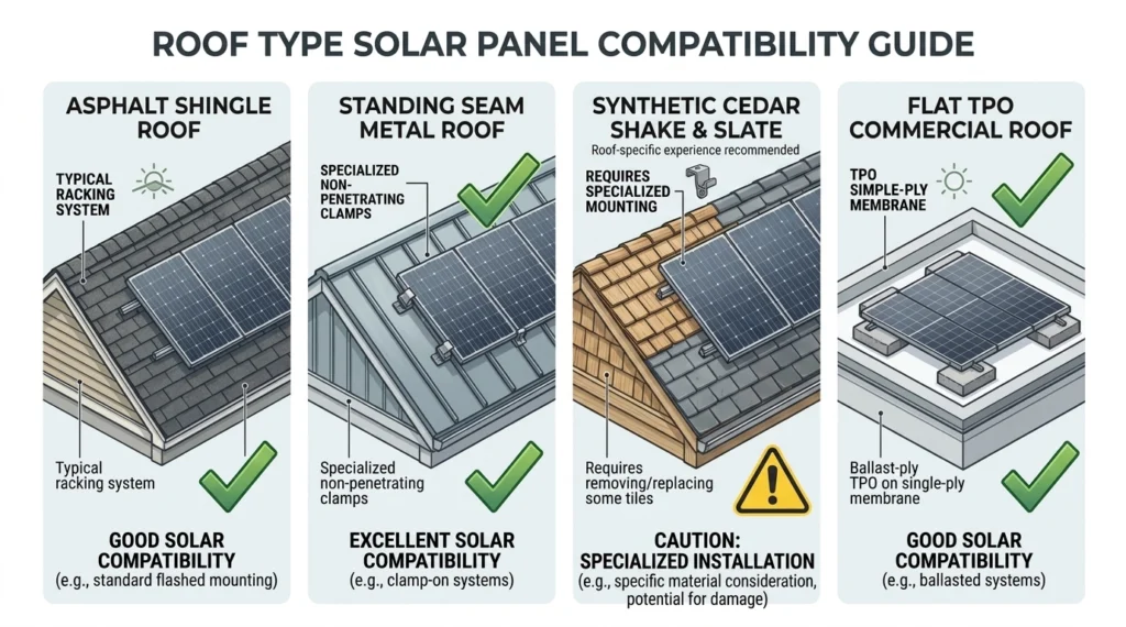 Asphalt shingle, metal, and flat roof types compatible with solar panels