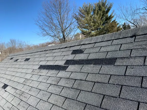 Close-up of granule loss and curling on aging shingles