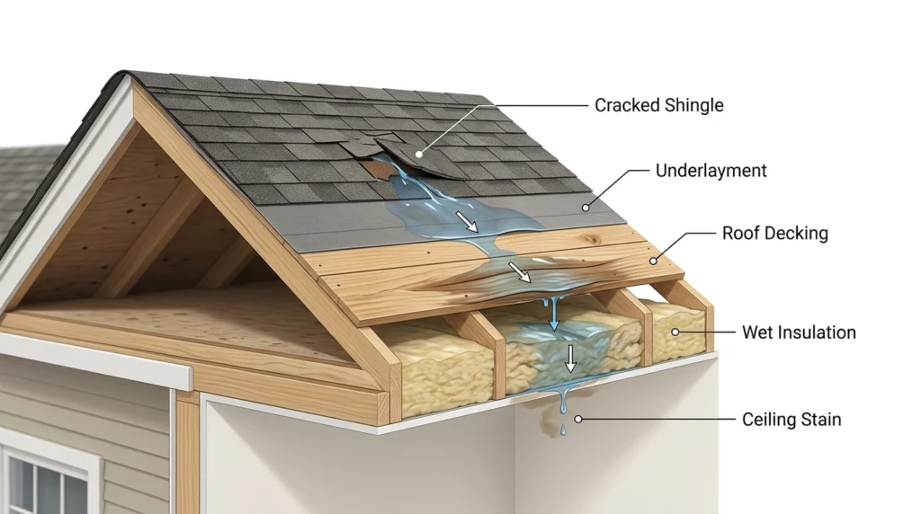 Diagram of how roof leak water travels from shingles through decking into the attic and ceiling