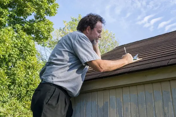 Insurance adjuster reviewing roof damage photos on a clipboard