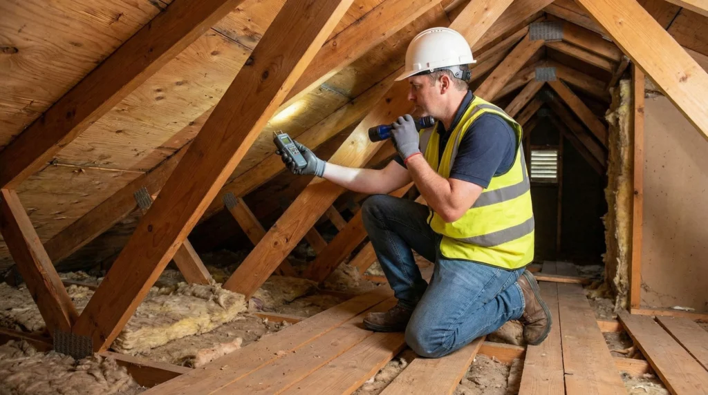 Roofer inspecting attic decking