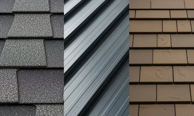 Samples of asphalt shingle, metal, and composite roofing materials.