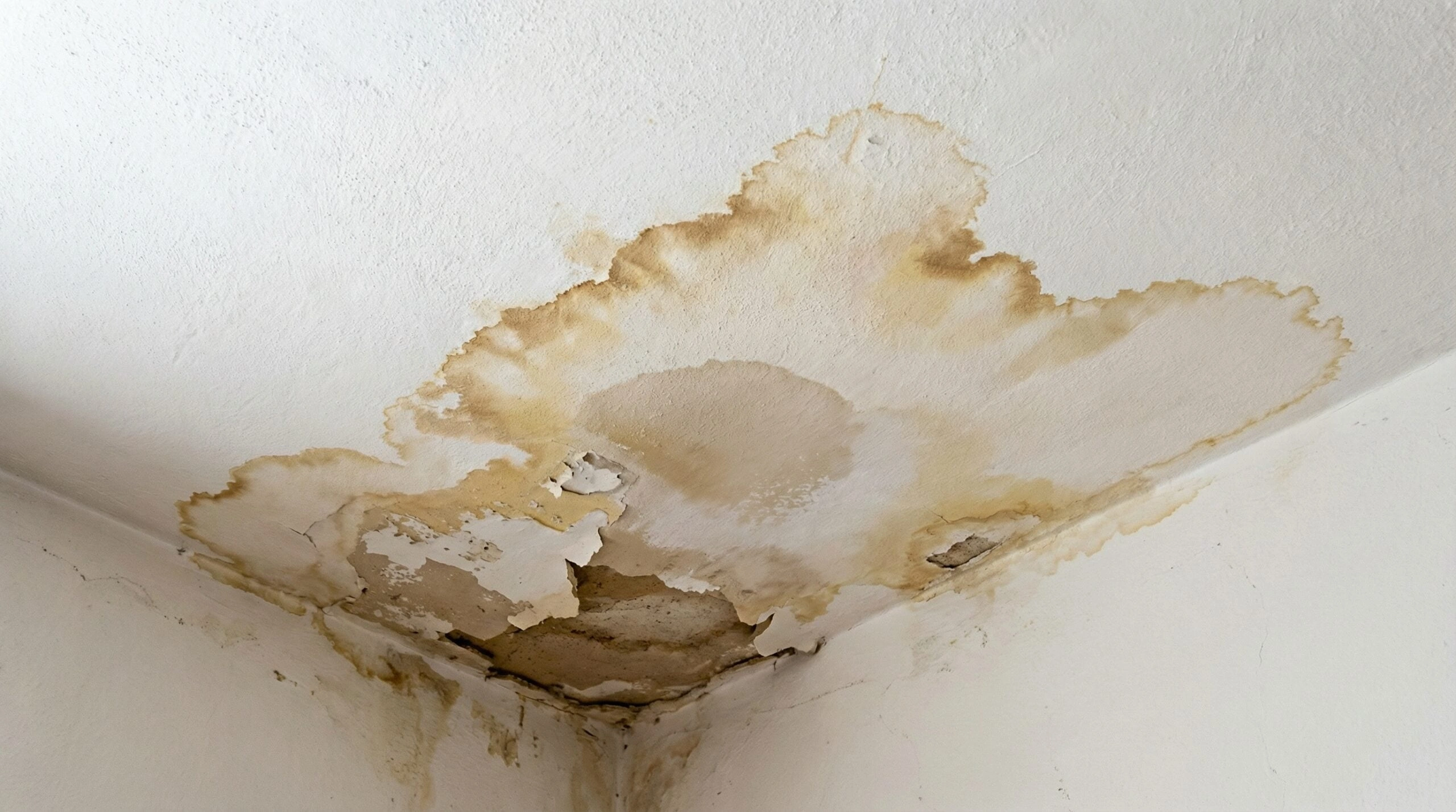 Water stain on a ceiling caused by a small roof leak in a Lincoln, NE home