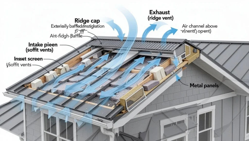 diagram photo showing soffit intake at eaves + ridge exhaust airflow,