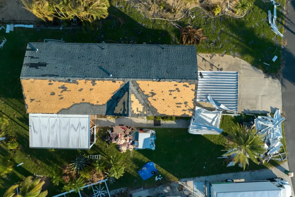 Aerialexterior shot of a Nebraska home roof after a hailstorm