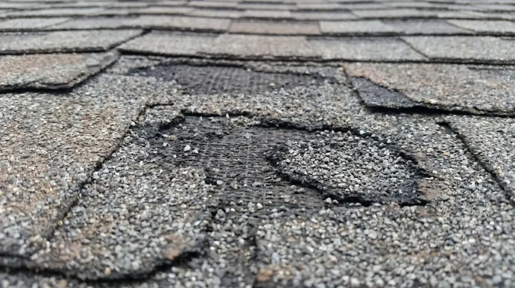 Aging asphalt shingle roof with curling and granule loss