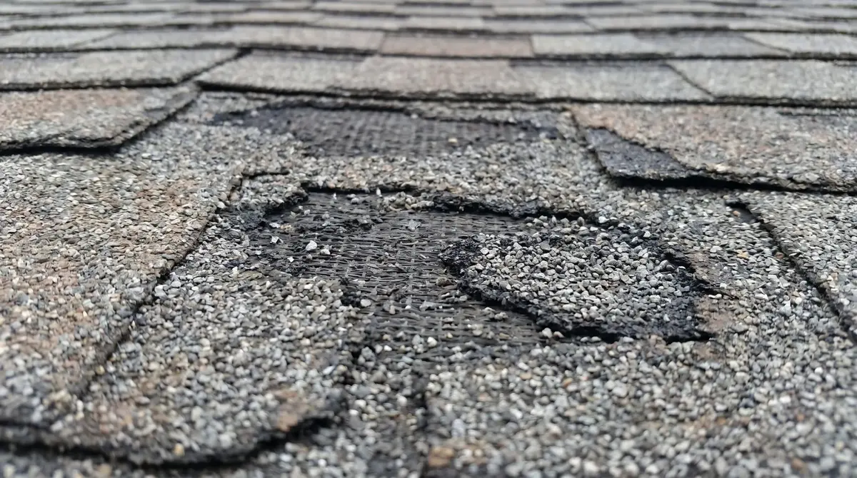 Aging asphalt shingle roof with curling and granule loss